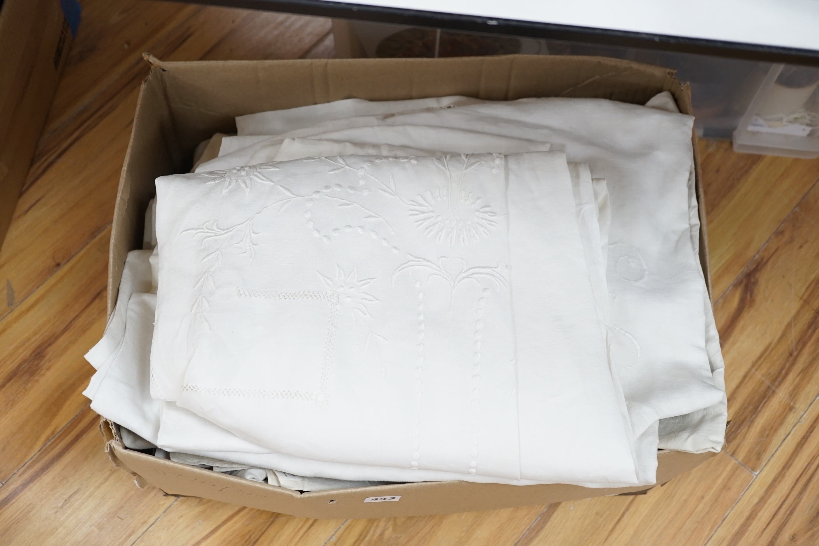 Eight French provincial coarse linen sheets and an embroidered sheet, a monogrammed sheet and an embroidered and monogrammed finer linen sheet (11)